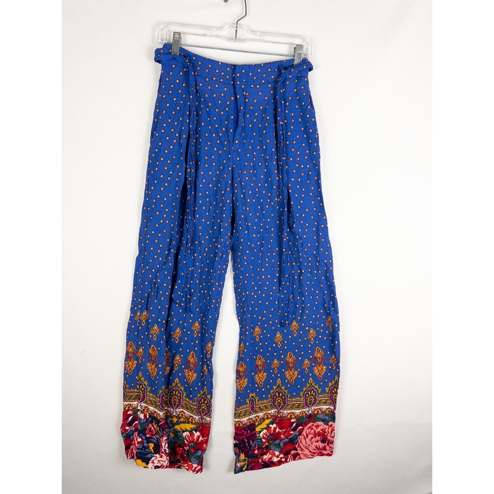 Anthropologie Ethora Womens Blue 0 Border Print Wide Leg Viscose Pants Belted